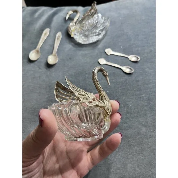 Pair of 3" Large Vtg Germany Silver & Crystal Swan Master Salt Cellars w/Spoons - Picture 11 of 16